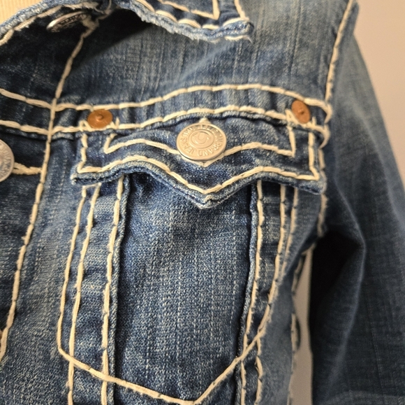 TRUE RELIGION " Emily" Dark Wash Blue Denim Jacket. Size Small - Picture 9 of 15